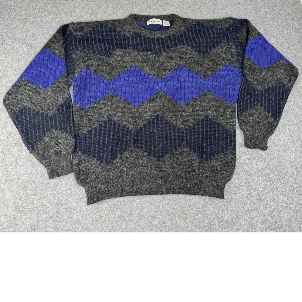 Vintage J Todd Mens Gray Blue Geometric Diamond Knit Crewneck Sweater Large